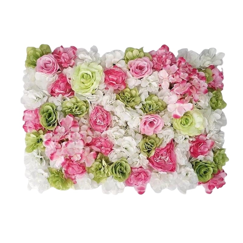 Mur végétal de fleurs roses poudrées et roses vertes