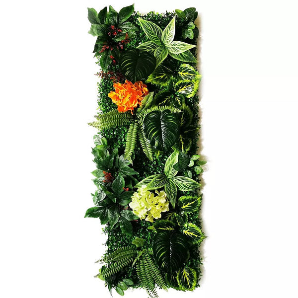 mur vegetal tropical et hortencias oranges et jau